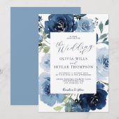 Elegante marine licht blauw stoffige bloemen bruil kaart (Voorkant / Achterkant)