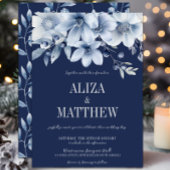 Elegante Marine & Lichtblauwe Bloemen Huwelijk Kaart