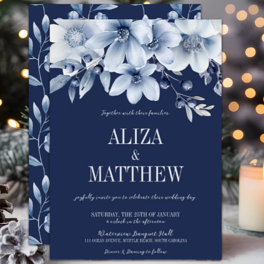 Elegante Marine & Lichtblauwe Bloemen Huwelijk Kaart