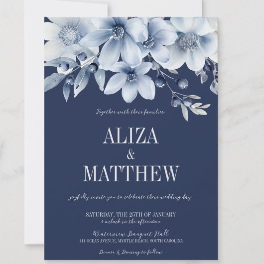 Elegante Marine & Lichtblauwe Bloemen Huwelijk Kaart