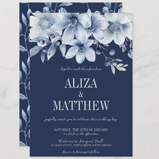 Elegante Marine & Lichtblauwe Bloemen Huwelijk Kaart