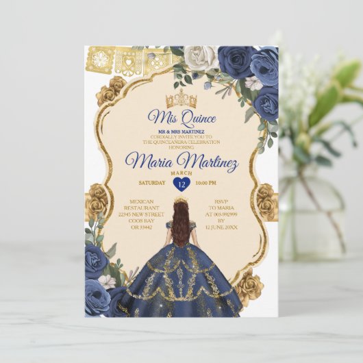 Elegante Marine Prinses Witte Bloemen Quiñceanera Kaart (Staand voorkant)