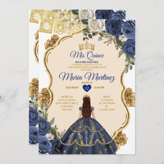 Elegante Marine Prinses Witte Bloemen Quiñceanera Kaart (Voorkant / Achterkant)