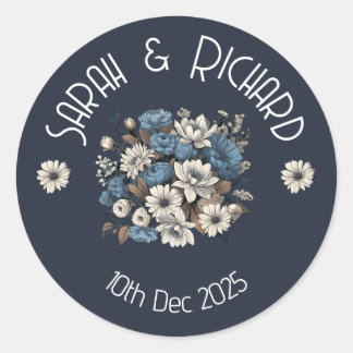 Elegante marine romantische bloemenbruiloft ronde sticker