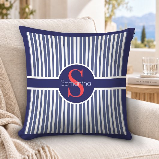 Elegante marine rood gestreepte initiaal monogram kussen