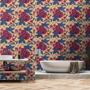 Elegante marine roodbloemige waterverf behang