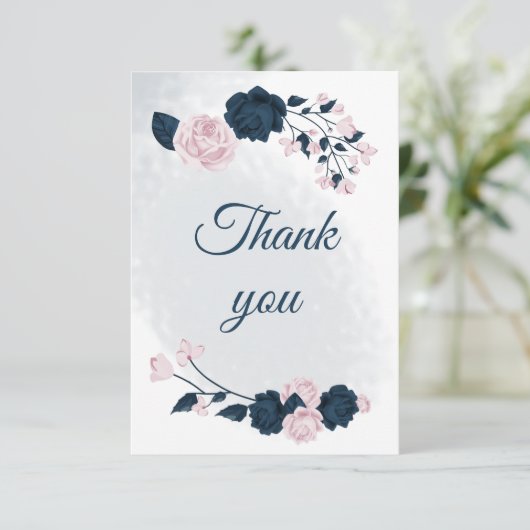 Elegante marine & roze bloemen botanisch bedankkaart (Staand voorkant)