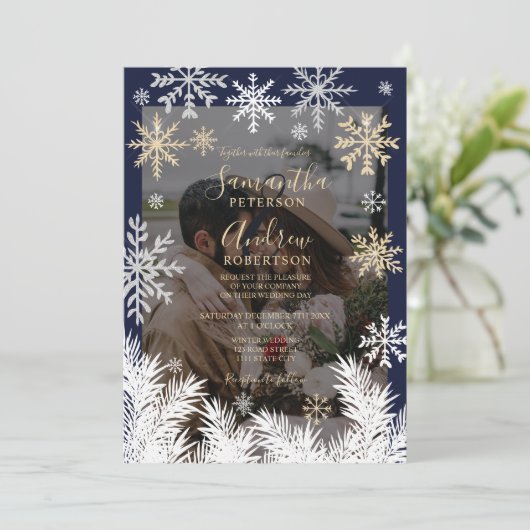 Elegante Marine Rustieke Winter Snowflakes Wedding Kaart (Staand voorkant)