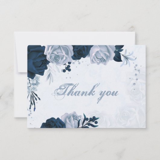 Elegante marine & stoffige blauwe bloemen botanisc bedankkaart (Voorkant)