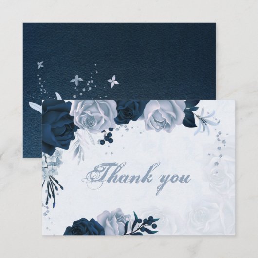 Elegante marine & stoffige blauwe bloemen botanisc bedankkaart (Voorkant / Achterkant)