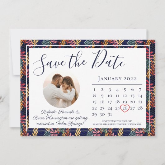 Elegante marine tropische blad strand trouwkalende save the date (Voorkant)