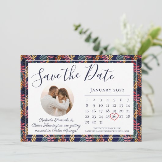 Elegante marine tropische blad strand trouwkalende save the date (Staand voorkant)