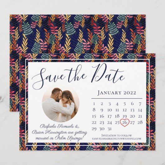 Elegante marine tropische blad strand trouwkalende save the date (Voorkant / Achterkant)