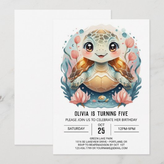 Elegante Marine Turtle Meisje Verjaardag Kaart (Voorkant / Achterkant)