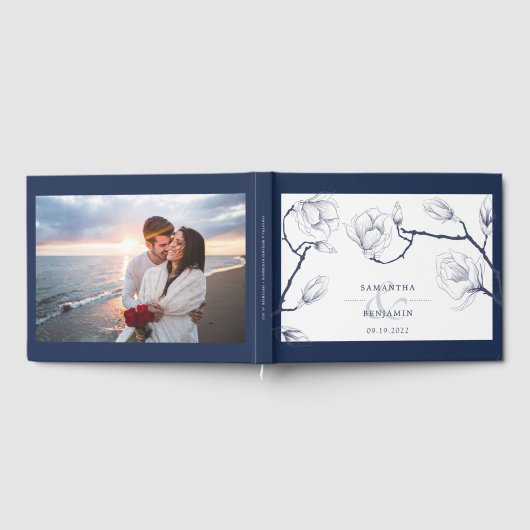 Elegante Marine & Witte Bloemen Fotobruiloft Gastenboek (Volledig)