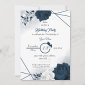 Elegante marine & witte bloemen verjaardag uitnodi kaart (Voorkant)