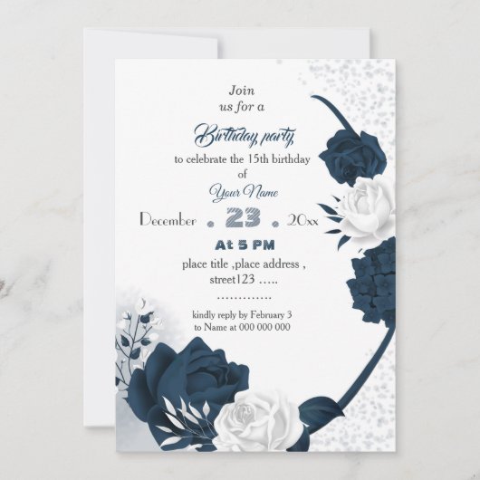 Elegante marine & witte bloemen verjaardag uitnodi kaart (Voorkant)