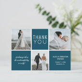 Elegante marine witte foto collage bruiloft dank u bedankkaart (Staand voorkant)