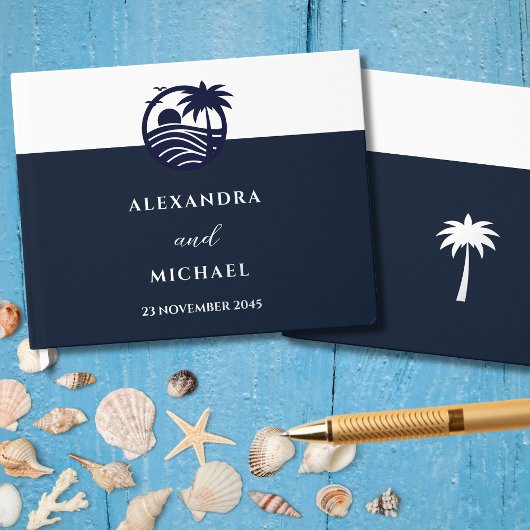 Elegante Marine Witte Palm Tree Coastal Wedding Gastenboek