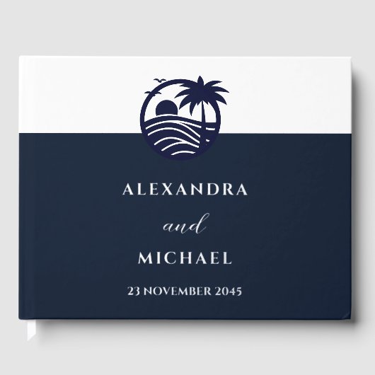 Elegante Marine Witte Palm Tree Coastal Wedding Gastenboek (Voorkant)