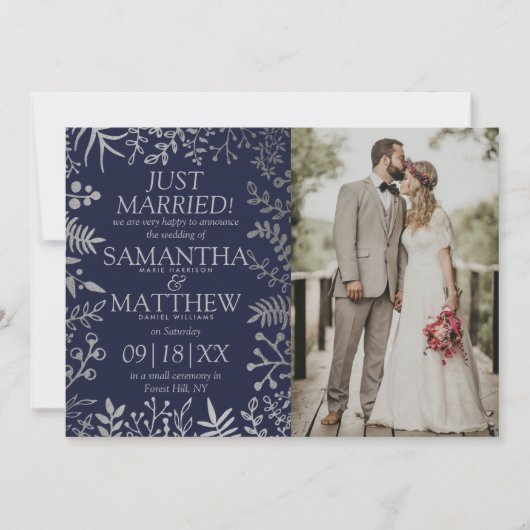 Elegante Marine & Zilver Bloemen Bruiloft Foto Aankondiging (Voorkant)