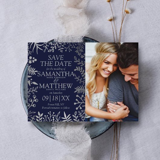 Elegante Marine & Zilver Bloemen Bruiloft Foto Save The Date