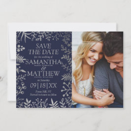 Elegante Marine & Zilver Bloemen Bruiloft Foto Save The Date