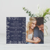 Elegante Marine & Zilver Bloemen Bruiloft Foto Save The Date (Staand voorkant)