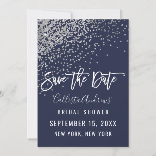 Elegante marine zilver glitter confetti bruidsdouc save the date (Voorkant)