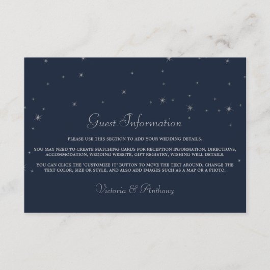 Elegante Marine & Zilver Vallende Sterren Bruiloft Informatiekaartje (Voorkant)
