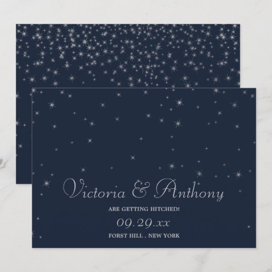 Elegante Marine & Zilveren Vallende Sterren Sla de Save The Date (Voorkant / Achterkant)