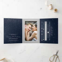 Elegante Marine & Zilveren Vallende Sterren Weddin Drieluik Uitnodiging