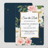 Elegante marineblauw en roze bloemenpracht save the date (Voorkant / Achterkant)