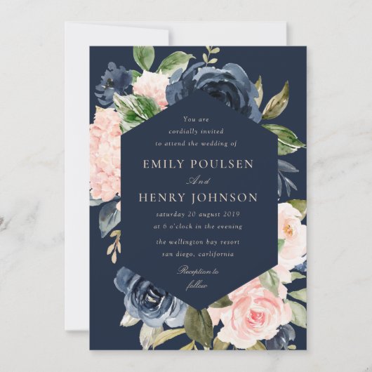 Elegante marineblauw en roze blos bloeit bruiloft kaart (Voorkant)