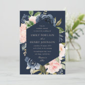 Elegante marineblauw en roze blos bloeit bruiloft kaart (Staand voorkant)