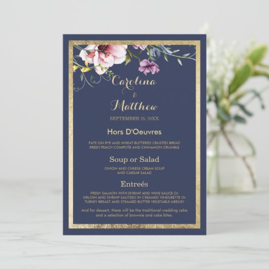 Elegante marineblauw goud roze bloemen Wedding Men Menu (Staand voorkant)