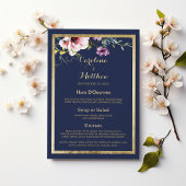 Elegante marineblauw goud roze bloemen Wedding Men Menu