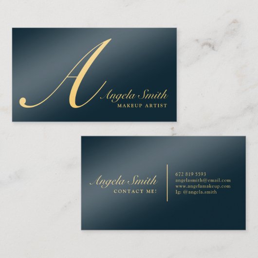 Elegante marineblauw gouden monogram initiaal clas visitekaartje (Voorkant / Achterkant)