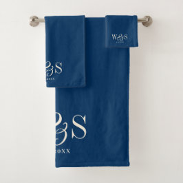 Elegante marineblauw initiaal bruidsparen bad handdoek