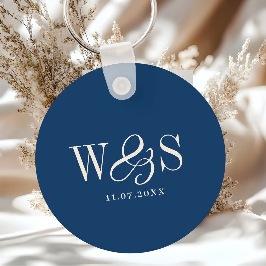 Elegante marineblauw initiaal bruidsparen sleutelhanger