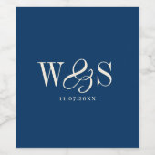 Elegante marineblauw initiaal bruidsparen wijn etiket (Enkel label)