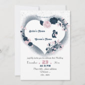 Elegante marineblauw & roze bloemenhart bruiloft kaart (Voorkant)