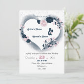 Elegante marineblauw & roze bloemenhart bruiloft kaart (Staand voorkant)