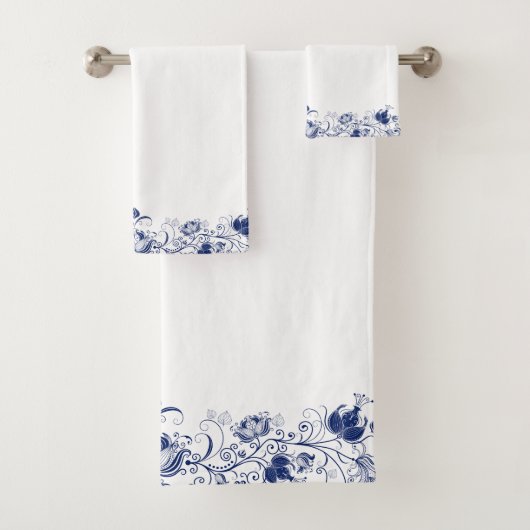 Elegante marineblauw wervelt bloemrand bad handdoek (Insitu)