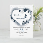 Elegante marineblauw & wit bloemenhart bruiloft kaart (Staand voorkant)