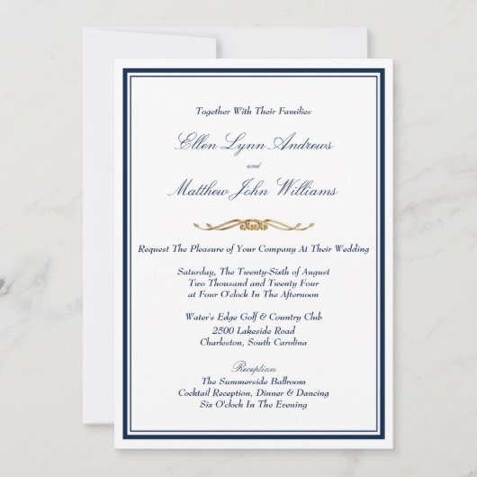 Elegante marineblauw, wit en gouden bruiloft kaart (Voorkant)