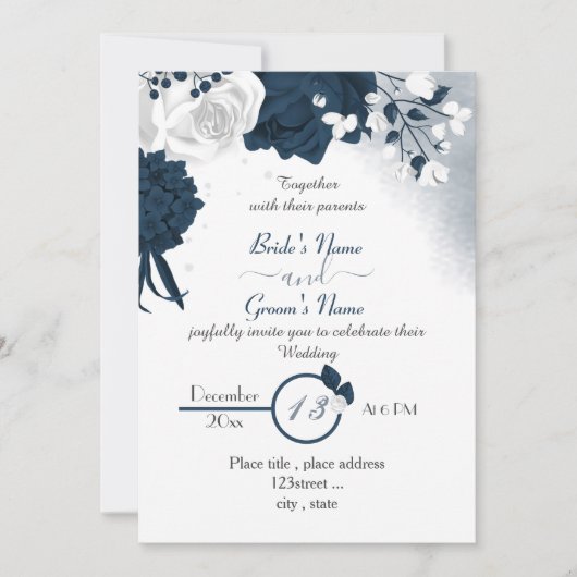 Elegante marineblauw & witte bloemen bruiloft kaart (Voorkant)