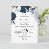 Elegante marineblauw & witte bloemen bruiloft kaart (Staand voorkant)