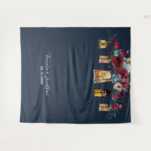 Elegante marineblauwe bloem foto achtergrond trouw wandkleed (Voorkant (horizontaal))