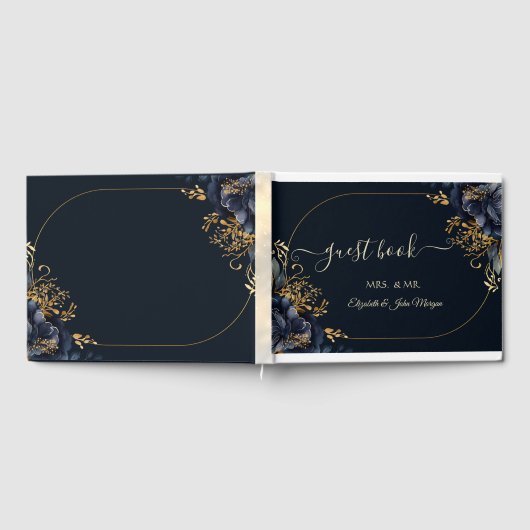 Elegante marineblauwe bloemen gastenboek (Volledig)
